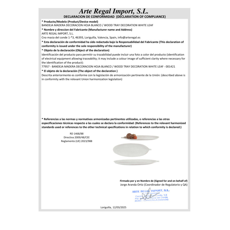 PLATEAU BOIS DÉCORATION FEUILLE BLANC GR