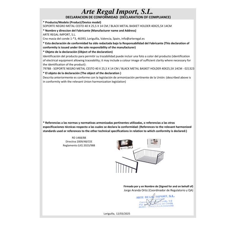 SUPPORTO NERO METALLO CESTO 40 X 25,5 X 14 CM