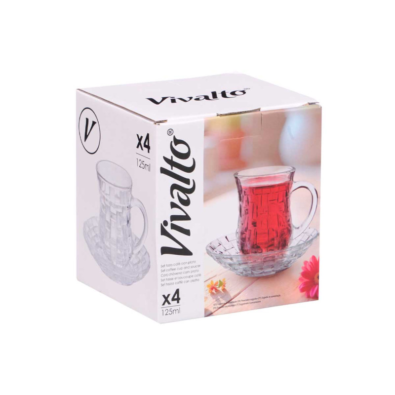 CONJ 4 CHÁVENAS VIDRO COM PRATO TEXTURA VIME 125ML