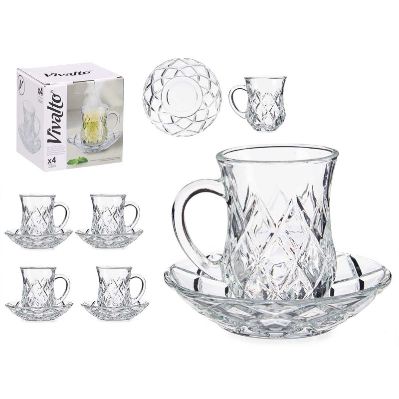 CONJ 4 CANECAS VIDRO COM PRATO LOSANGOS 125ML