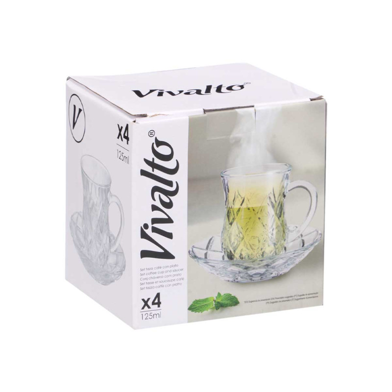 CONJ 4 CANECAS VIDRO COM PRATO LOSANGOS 125ML
