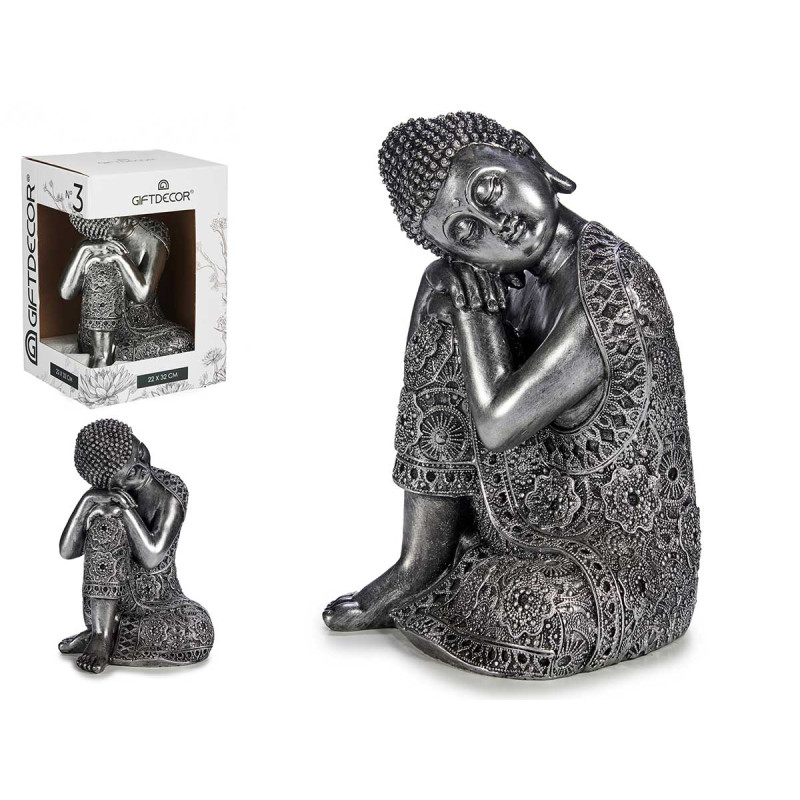 BUDDA SEDUTO LATERALE RESINA ARGENTO GRANDE