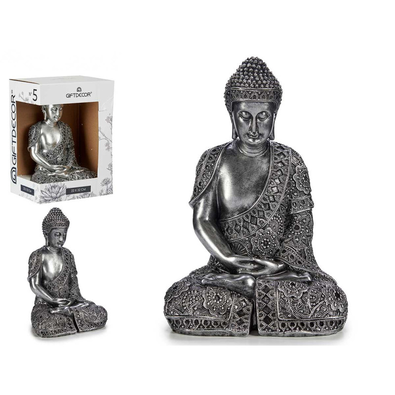 BOUDDHA ASSIS RESINE GRAND ARGENT
