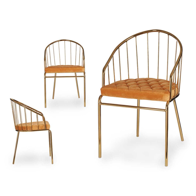 CHAISE BARREAUX DOSSIER BAS CHROME OR MOUTARDE