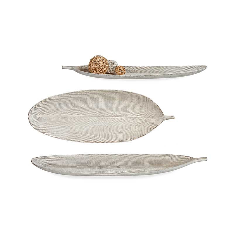 PLATEAU BOIS DECORATION FEUILLE BLANC