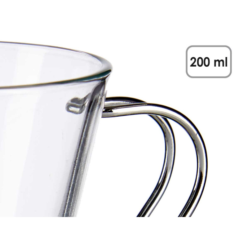 TAZA VIDRIO CON ASA METAL 200 ML CAFE CON LECHE