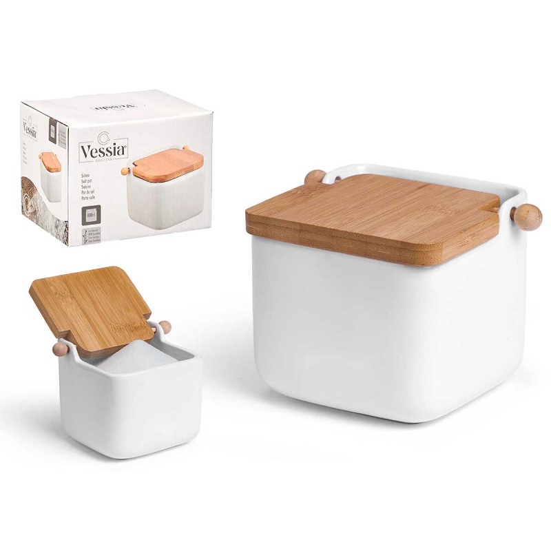 SALIÈRE CÉRAMIQUE BLANC COUVERCLE BAMBOU