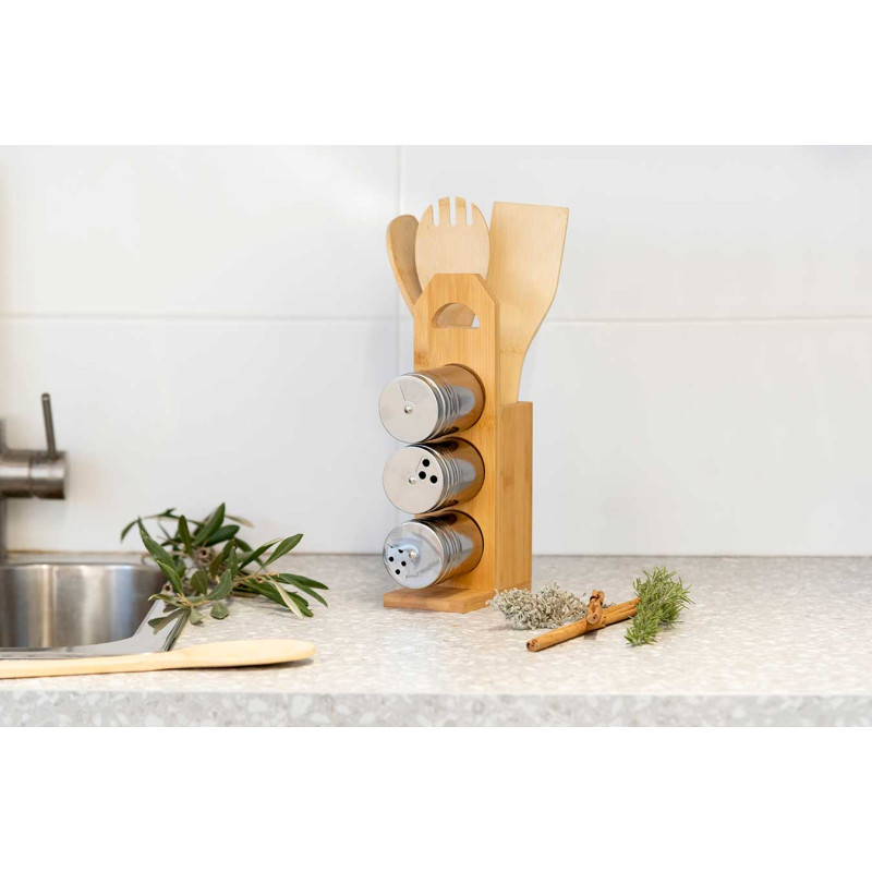 CONJ 7 PÇS BAMBU SUPORTE UTENSILIOS E SALEIROS 