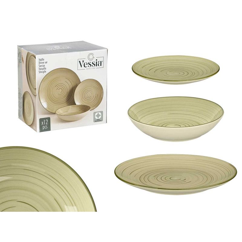 SET VAISELLE 12 PCS SPIRAL VERT OLIVE