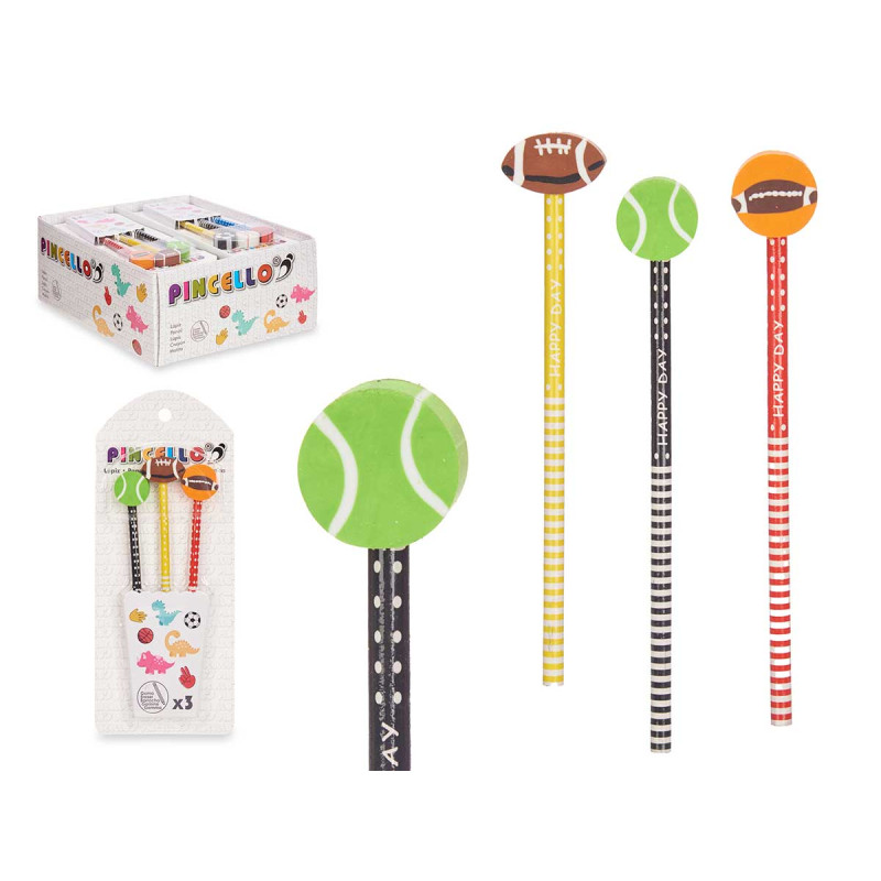 SET 3 PENCILS WITH ERASER SPORTS ASSORT 2