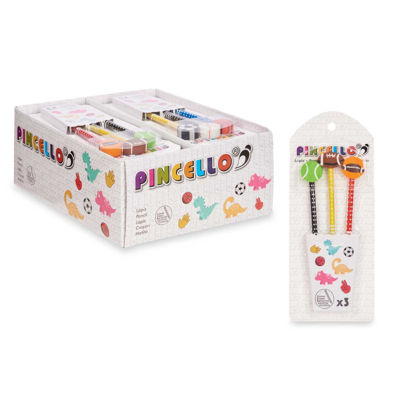 SET 3 PENCILS WITH ERASER SPORTS ASSORT 2