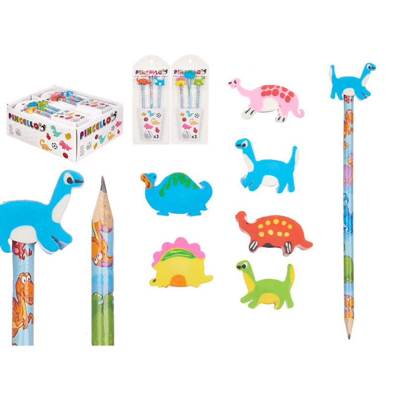 SET 3 CRAYONS AVEC GOMME DINOSAURES ASSORT 2