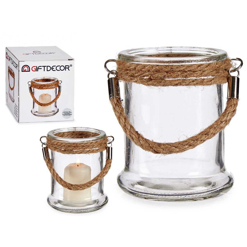 SMALL GLASS CANDLE HOLDER W/ROPE HANDLE  