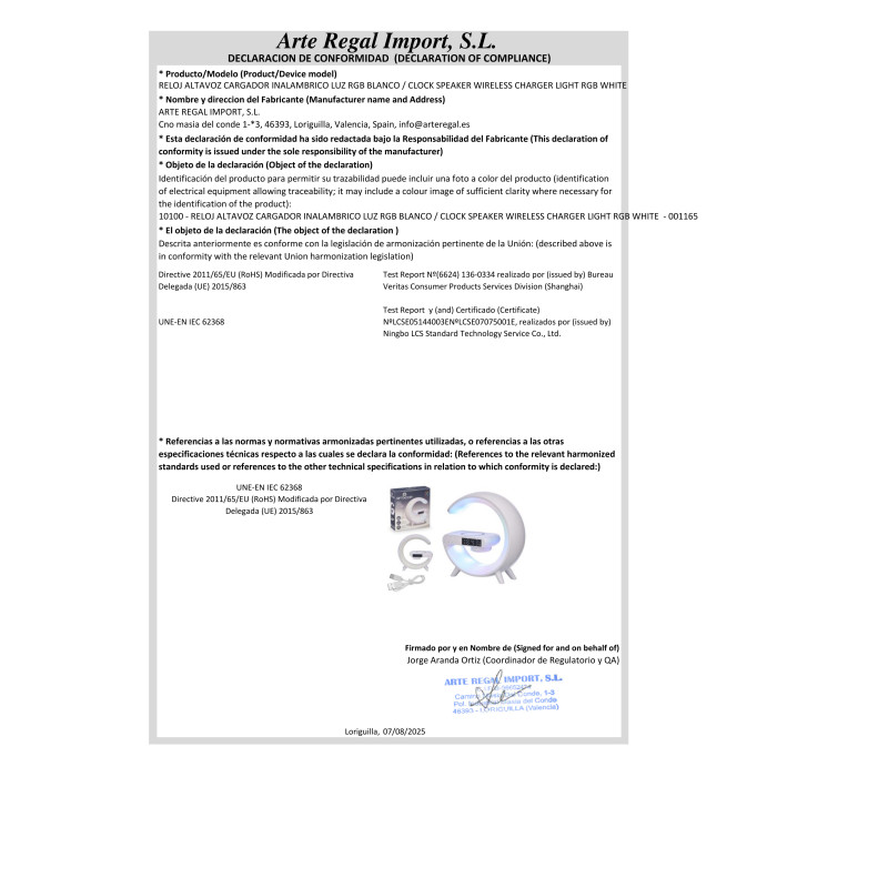 OROLOGIO SPEAKER CARICATORE WRL LUCE RGB BIANCO