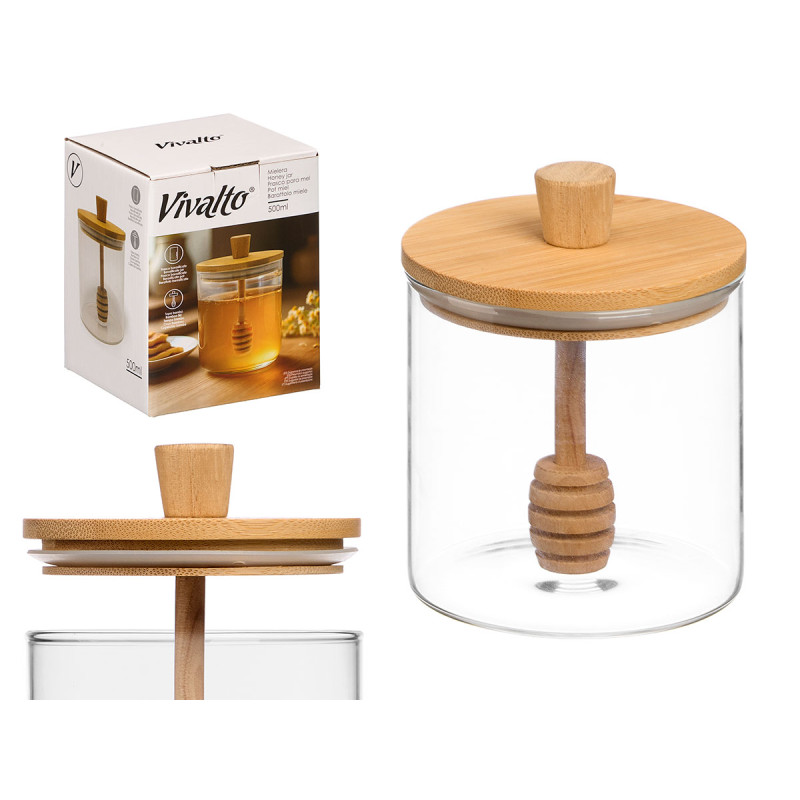 FRASCO PARA MEL BOROSILICATO TAMPA BAMBU 500ML