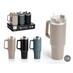 TASSE THERMIQUE  1200ML POIGNÉE PAILLE ASRT 3 C F