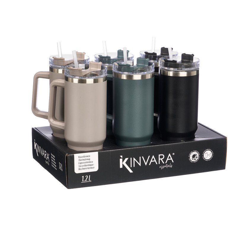 THERMAL MUG 1200ML HANDLE AND STRAW 3 DARK COL  