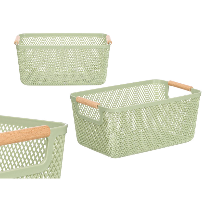 CESTINO PLASTICA VERDE MANICO BAMBU 36X22CM