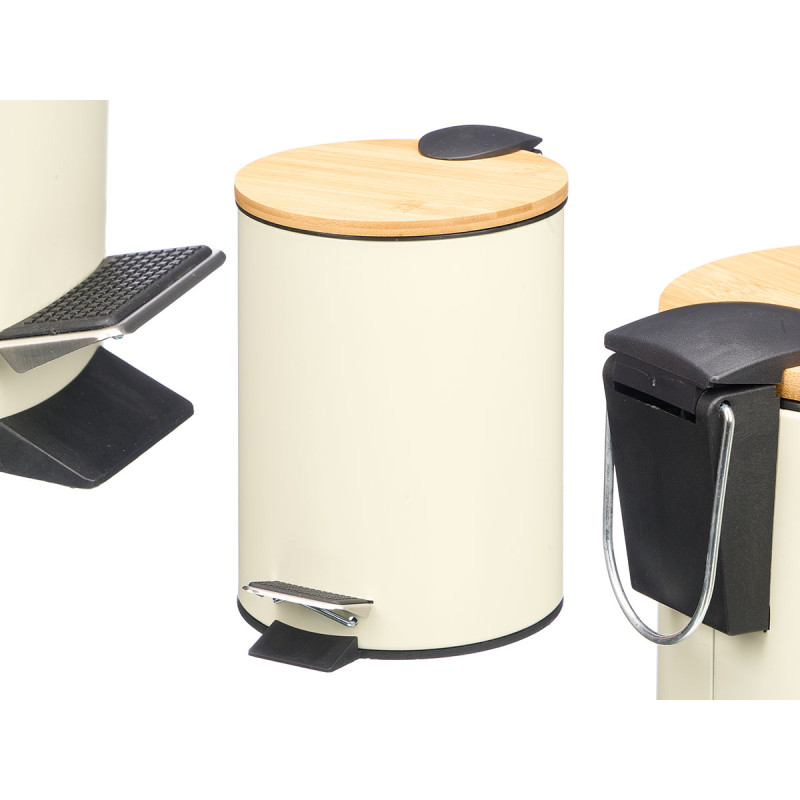 PAPELERA METAL TAPA BAMBU 3L BEIGE