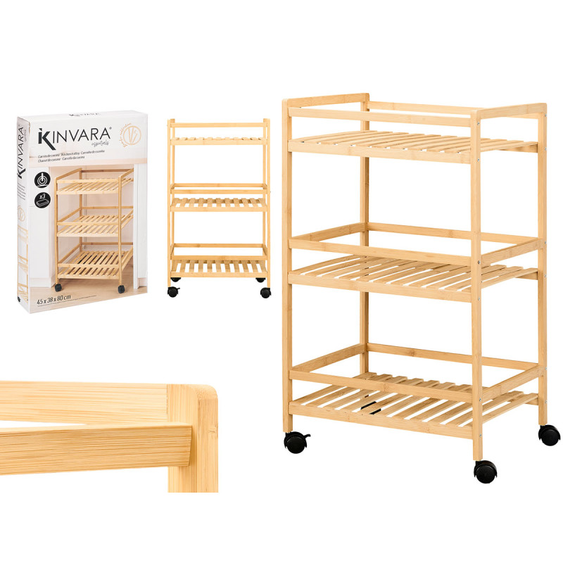 3 TIER WIDE BAMBOO TROLLEY WHEELS