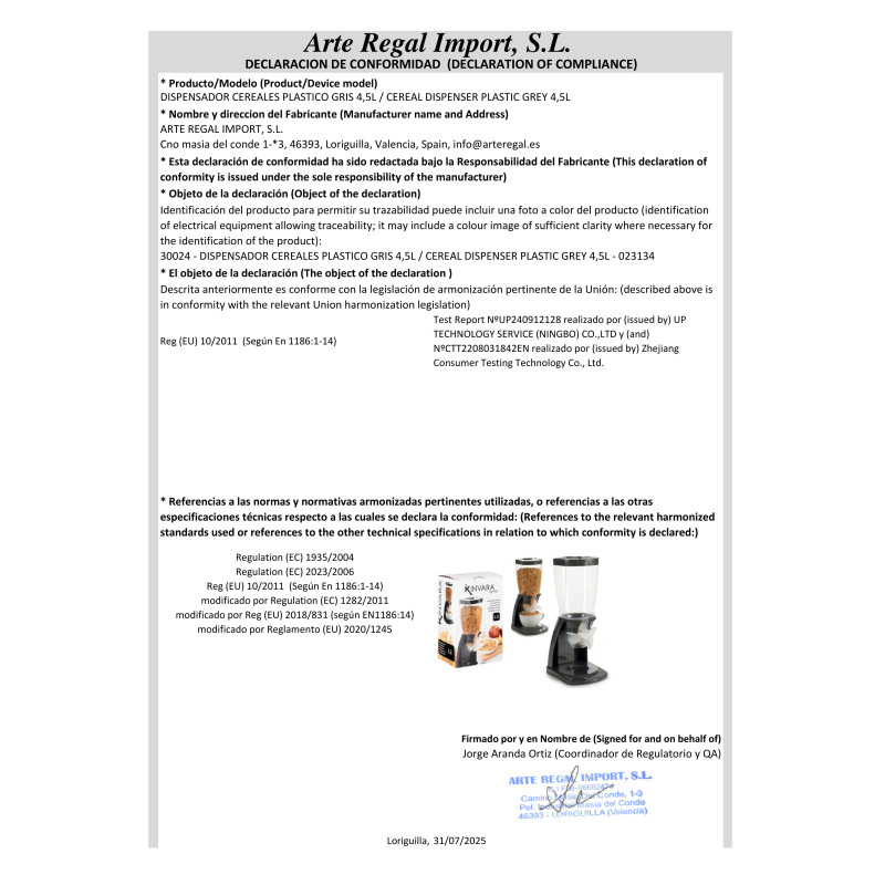 DISTRIBUTORE CEREALI PLASTICA GRIGIO 4,5L