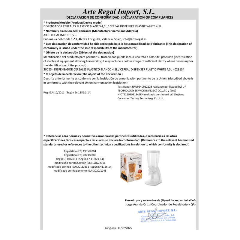 CEREAL DISPENSER PLASTIC WHITE 4,5L