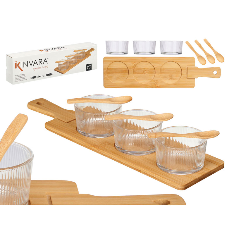 SET 3 CIOTOLE VETRO CON CUCCHIAIO E VASSOIO BAMBU'