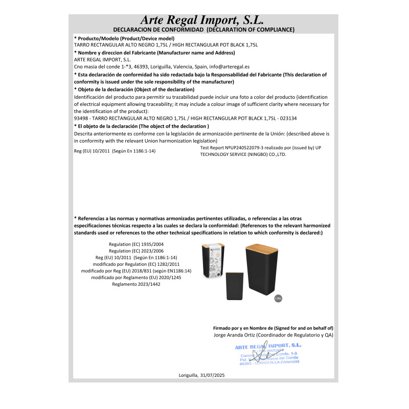 BARATTOLO RETTANGOLARE ALTO NERO 1,75L