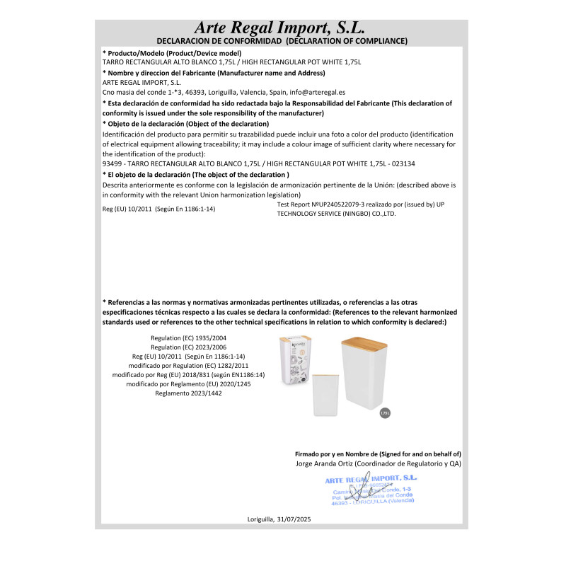 BARATTOLO RETTANGOLARE ALTO BIANCO 1,75L