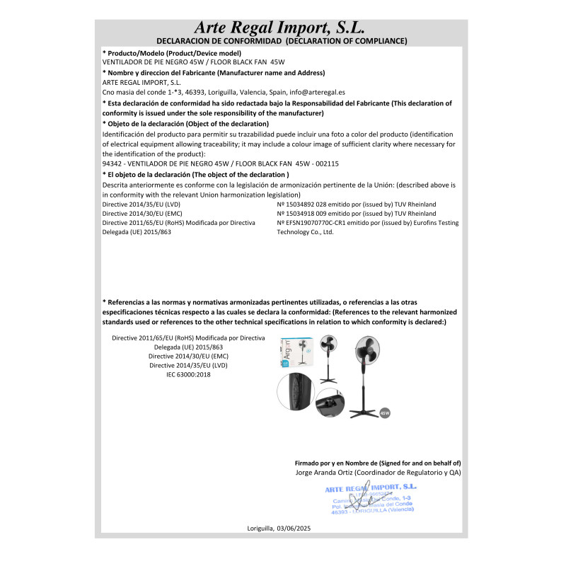 VENTILADOR DE PIE NEGRO 45W