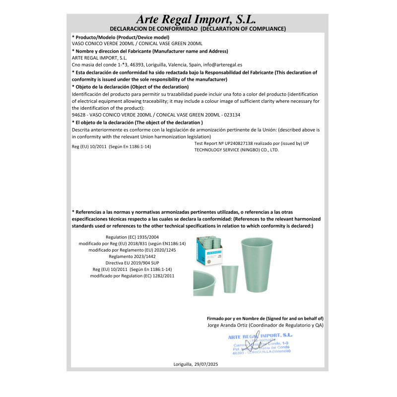 BICCHIERE CONICO VERDE 200ML