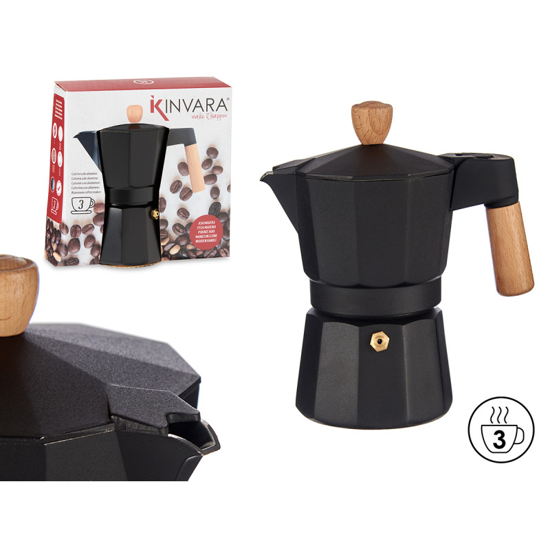 3CUPS BLACK ALUMINIUM COFFEE MAKER WOOD HANDLE