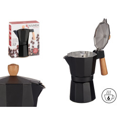 CAFETERA ALUMINIO 6 TAZAS NEGRA ASA MADERA