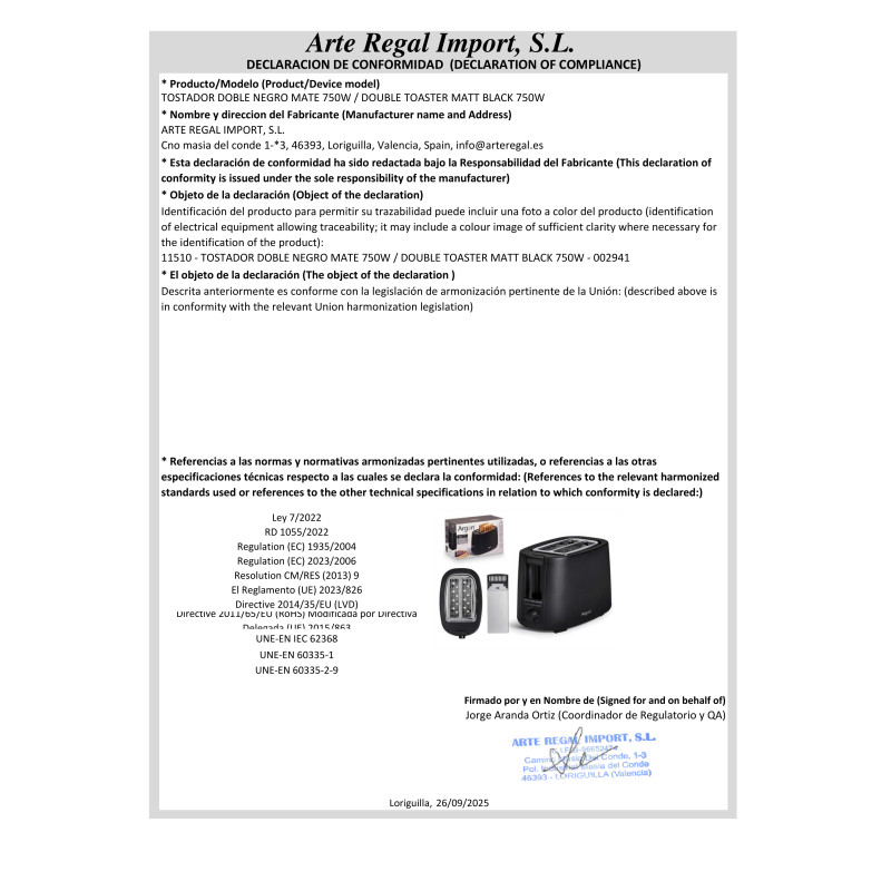 TOSTADOR DOBLE NEGRO MATE 750W