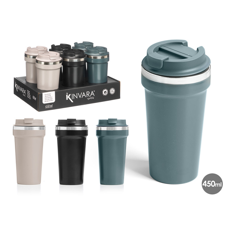 BICCHIERE TERMICO TAPPO 450ML ASS 3 COL SCURI