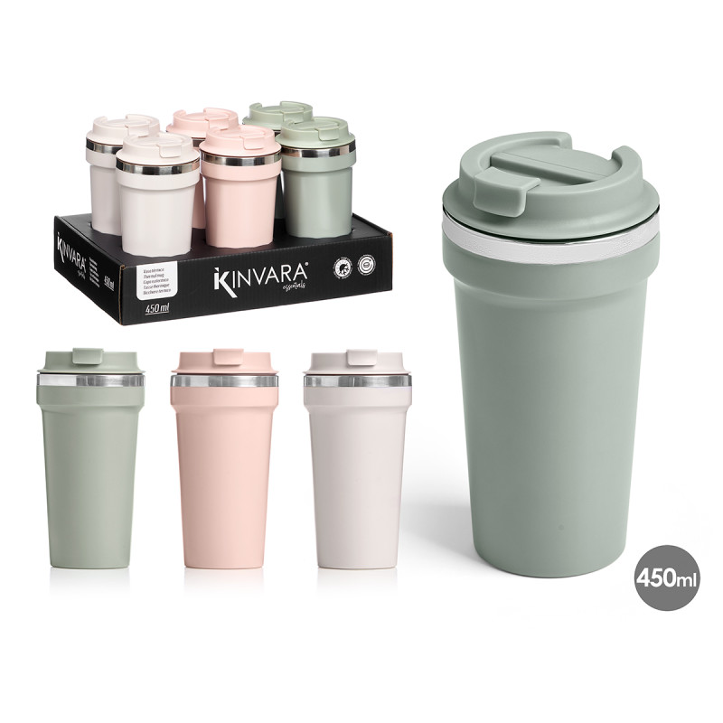 BICCHIERE TERMICO TAPPO 450ML ASS 3 COL CHIARI 