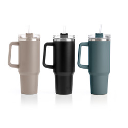 THERMAL MUG 1200ML HANDLE AND STRAW 3 DARK COL  