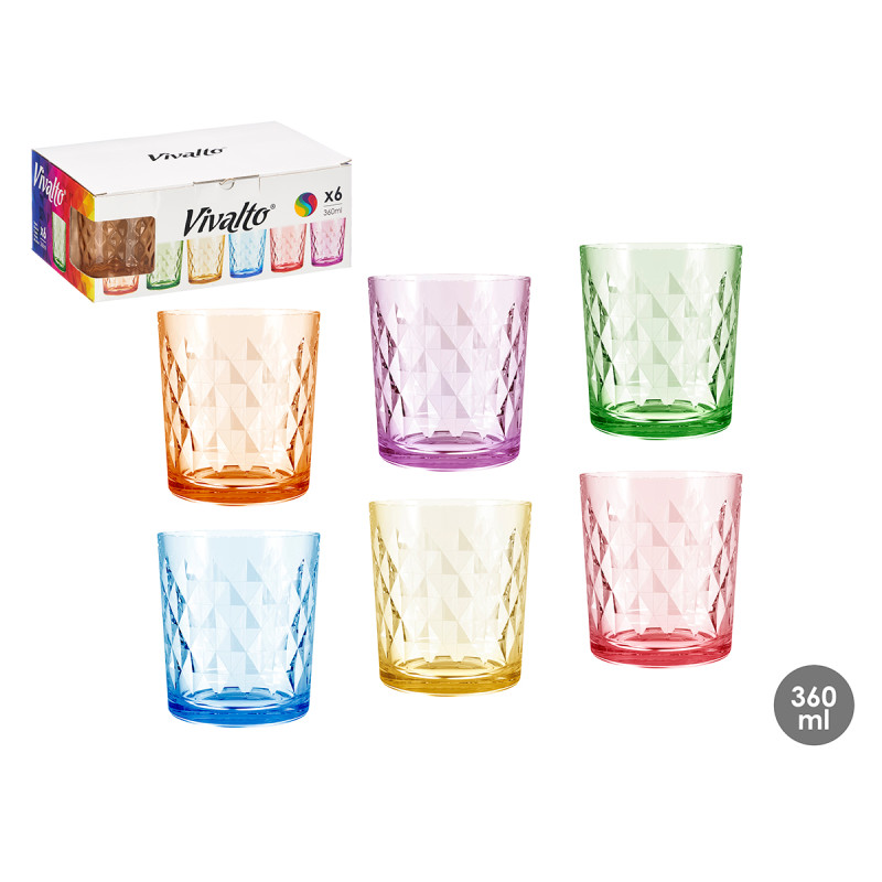 VASO VIDRIO DIAMANTE 360ML SURT 6 COLORES