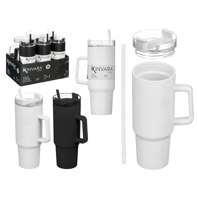 VERRE POIGNÉE PAILLE BLANC NOIR 1200ML ASSORT