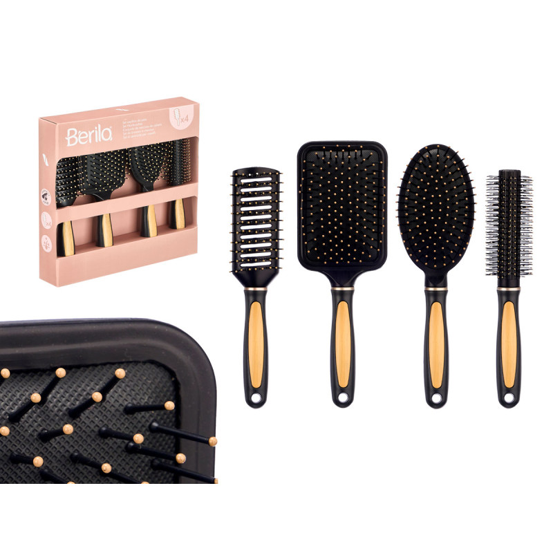 SET 4 BLACK BAMBOO FINISH HAIR BRUSHES