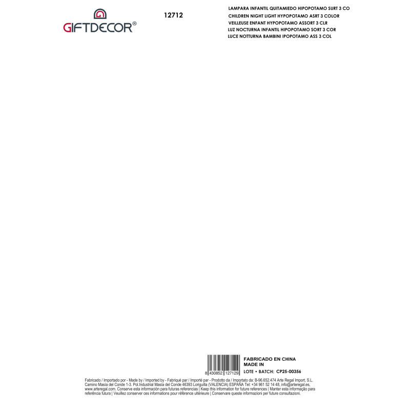 VEILLEUSE ENFANT HYPOPOTAMO ASSORT 3 CLR