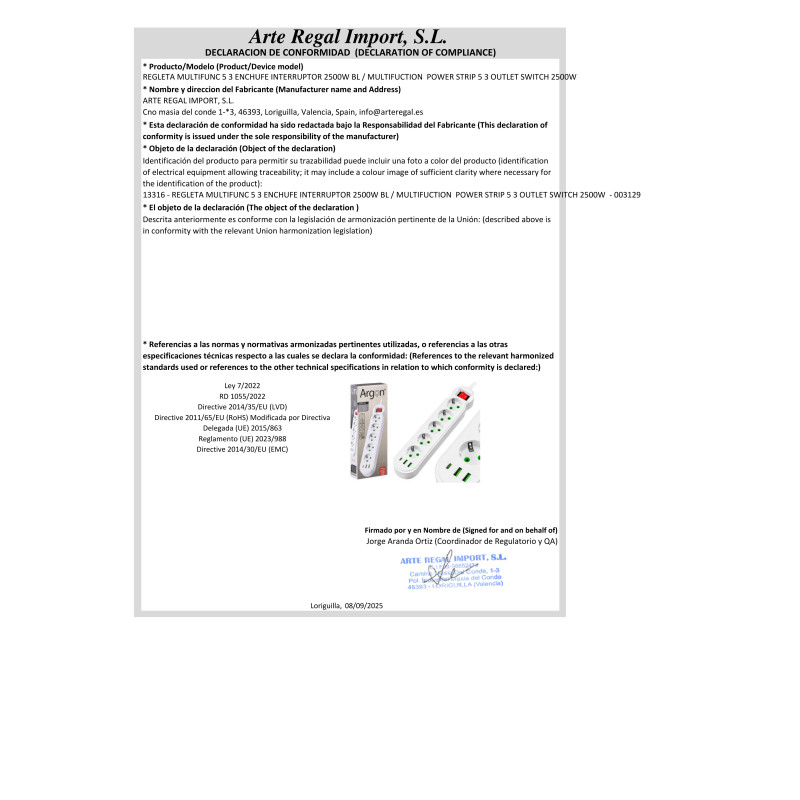 REGLETA MULTIFUNC 5 3 ENCHUFE INTERRUPTOR 2500W BL