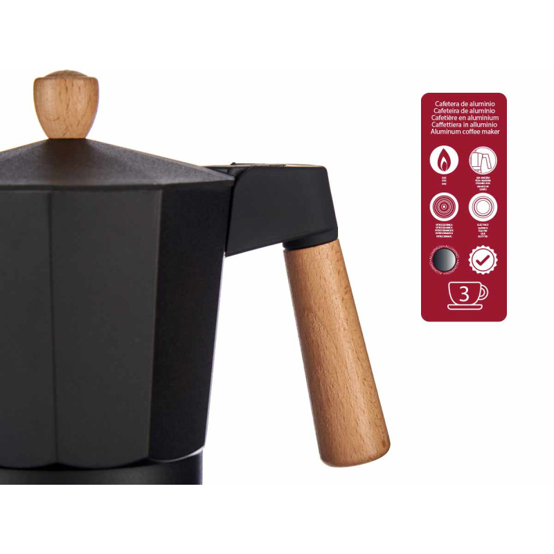 MOCA CAFFÈ ALLUMINIO 3 TAZZE NERA MANIGLIA LEGNO