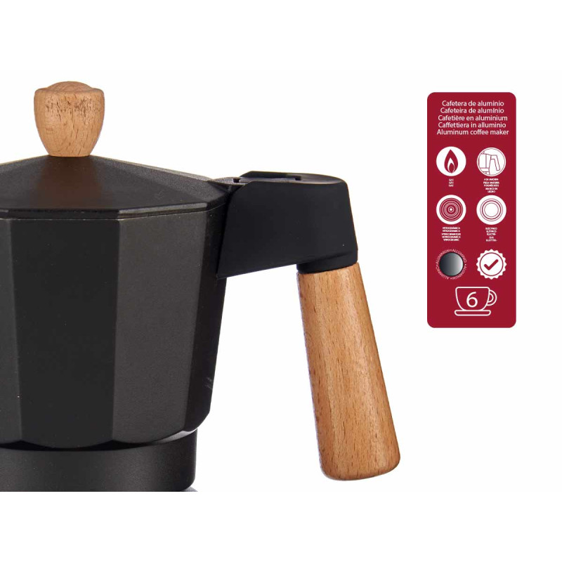 CAFETIERE ALUMINIUM 6 TASSES NOIRE ANSE BOIS 