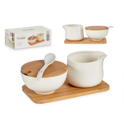 CONJUNTO AÇUCAREIRO E LEITEIRA CERAMICA E BAMBU