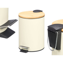 BAMBOO LID METAL WASTE GARBAGE CAN 3L BEIGE
