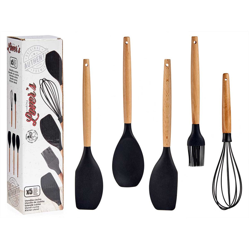 SET 5 UTENSILIOS COCINA SILICONA MANGO MADERA HAYA