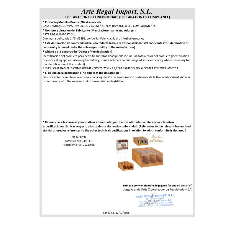 CAJA BAMBU 6 COMPARTIMENTOS 21,7CM