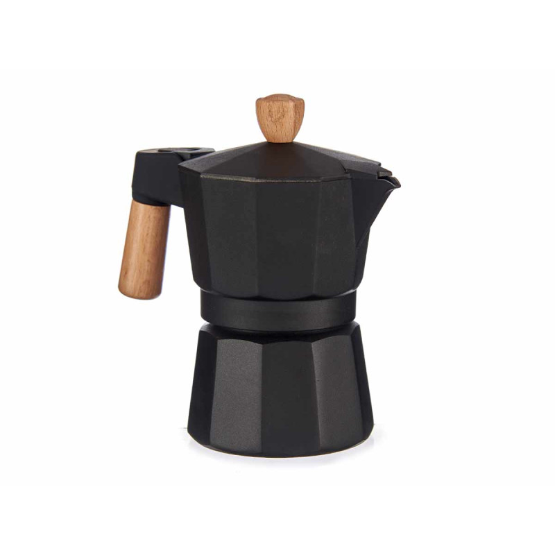MOCA CAFFÈ ALLUMINIO 3 TAZZE NERA MANIGLIA LEGNO