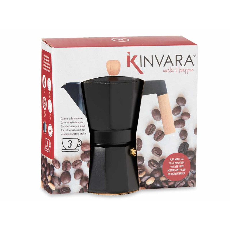 CAFETERA ALUMINIO 3 TAZAS NEGRA ASA MADERA